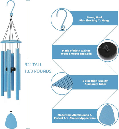 Wind-Chimes-Outdoor-Deep-Tone, Large Soothing Melodic Tones Mobile Windchimes, Wind Chimes for Outside, Memorial Wind Chime Best Gift for Mom Women Grandma Neighbors(32" Blue Coated Aluminum)
