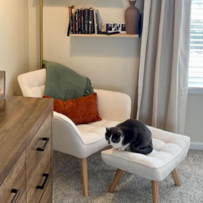 White Sherpa Accent Chair with Ottoman ，Modern Reading Chair with Ottoman Set, Comfy Fuzzy Armchair Living Room Chair Lounge Chair with Wood Legs for Small Spaces Bedroom Apartment