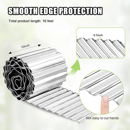 Corrugated Metal Garden Edging - 10 Inch X 10 FT Landscape Edging Border, Flexible Border for Garden Fence, Flower Bed, and Lawn (Silver)