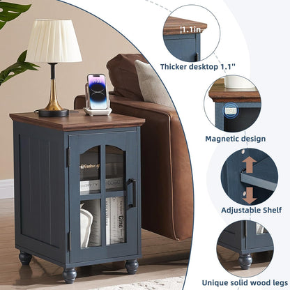 Narrow Side Table,Farmhouse Nightstand with Charging Station,Wood End Table with Glass Barn Door Storage, Cabinet Organizer with Adjustable Shelf, Night Stand for Small Spaces for Living Room Bedroom