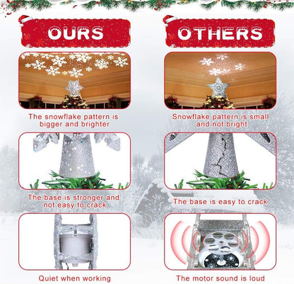 OurWarm Christmas Tree Topper Lighted with LED Rotating Silver Snowflake Decorations Projector Silver Snow Tree Topper Night Light Projector for Indoor Outdoor Christmas Tree Decorations