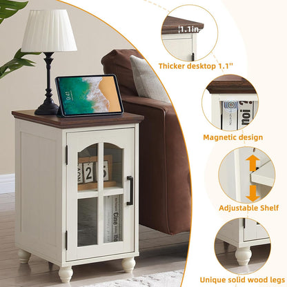 Narrow Side Table,Farmhouse Nightstand with Charging Station,Wood End Table with Glass Barn Door Storage, Cabinet Organizer with Adjustable Shelf, Night Stand for Small Spaces for Living Room Bedroom