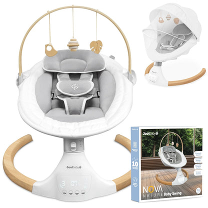 Jool Baby Nova Nature Baby Swing for Newborns – Natural Wood Toys, Electric Motorized Infant Swing, Bluetooth Music
