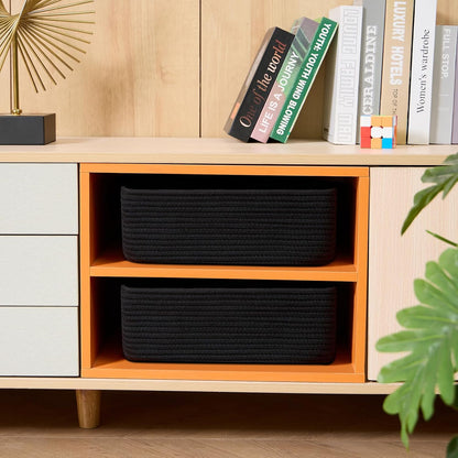 Large Shallow Organizing Baskets 15x11x5.1 Inches - Rope Woven Storage Bins for Bathroom, Shelves, Cube Closet, Black 2 Packs