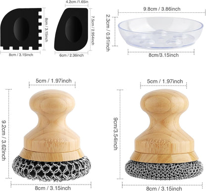 Cast Iron Scrubber and Scraper,Chain Mail Cleaner with Bamboo Handle & Draining Tray,316 Stainless Steel Brush for Cleaning Pots,Pans,Wok,Bakeware,Griddles, Grills(Large Chain Mail,2pcs)