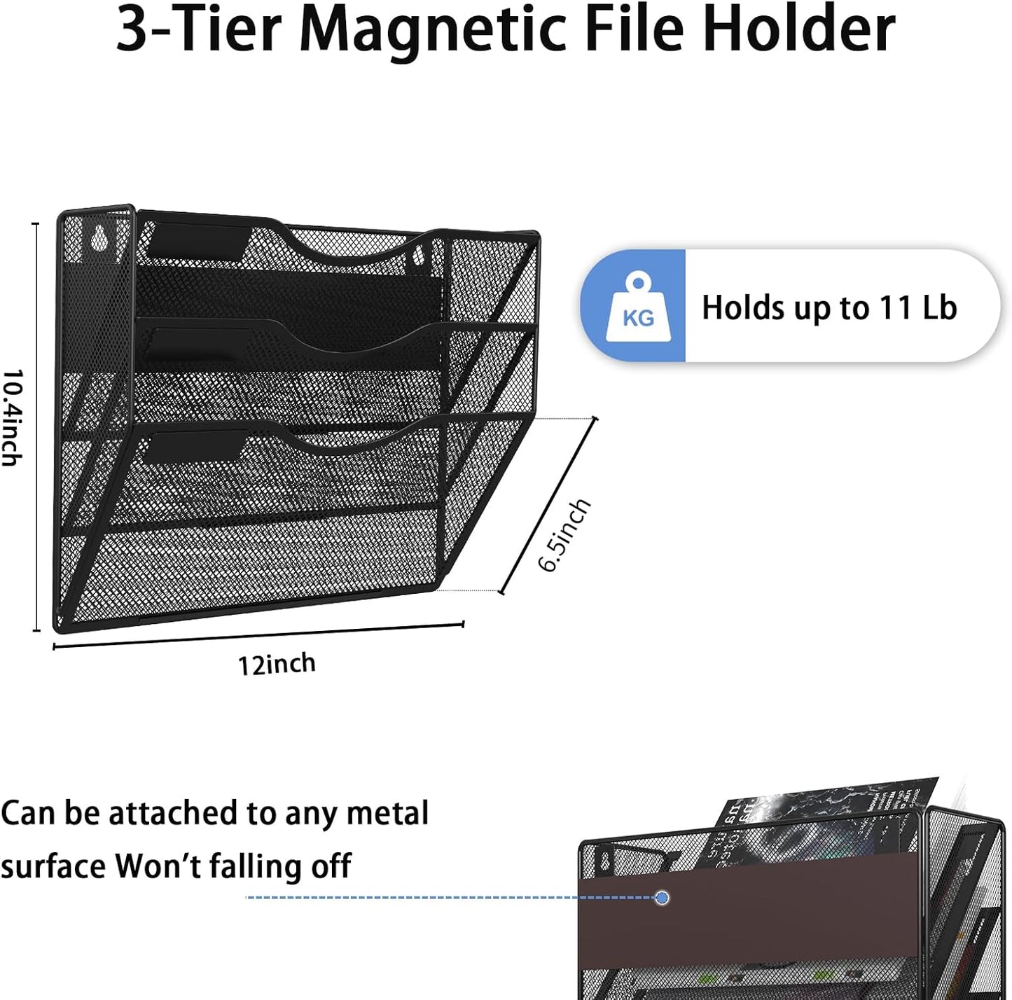 3-Tier Magnetic File Holder, No Drilling Installation File Cabinet Organizer, Black Magnetic File Organizer, Magazine Rack, Magnetic Paper Holder for Refrigerator, File Cabinets, Whiteboard
