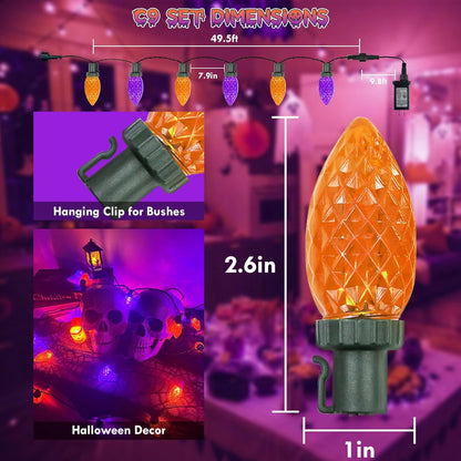 2PK 100 LED Purple and Orange C9 Halloween Lights Indoor Outdoor, Extendable 98FT C9 String Lights with 13 Modes & Timer, Waterproof Plug in Halloween Decorations for Tree Patio Fall Party Garden