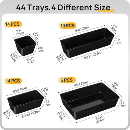 Vtopmart 44 PCS Plastic Drawer Organizers Set, 4-Size Versatile Bathroom and Vanity Organizer Trays, Non-Slip Storage Containers for Makeup, Jewelries, Bedroom，Kitchen Utensils and Office, Black