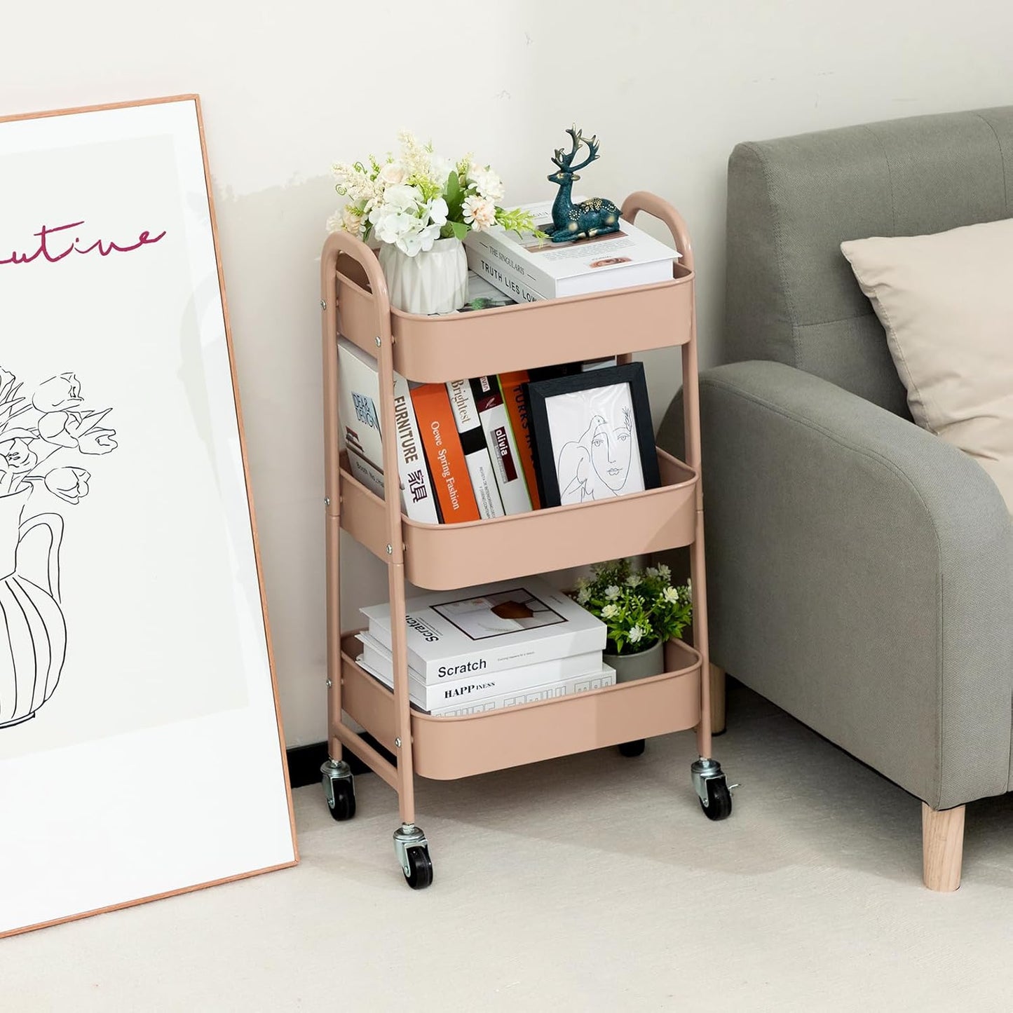 AGTEK Makeup Cart, Movable Rolling Organizer Cart, 3 Tier Metal Utility Cart with Lockable Wheels for Home & Office, Milk Tea