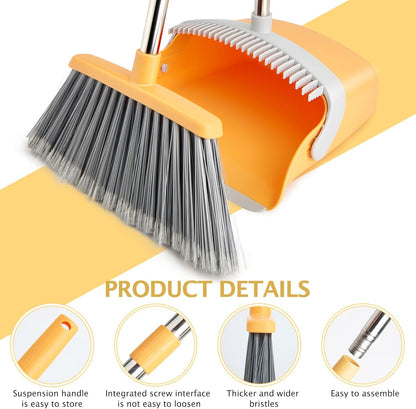 Broom and Dustpan Set, Dustpans with Broom Combo for Home, Heavy Dust Dustpan and Broom Combo, Long Handle Dust Pan and Broom Set for Kitchen, Office, Pet Hair(Gray Yellow)