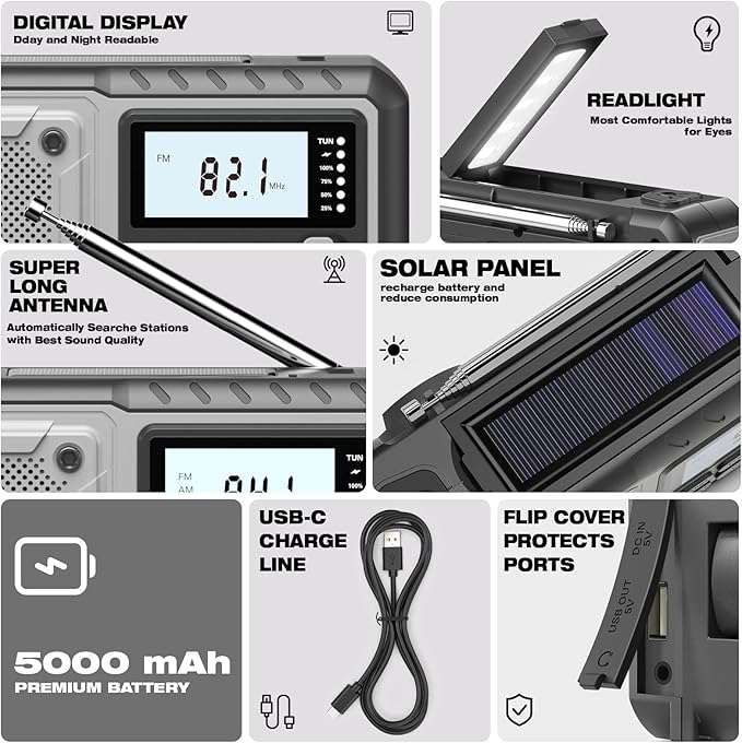 Emergency Weather Radio 5000mAh with Solar Hand Crank, Men Dad Husband Cool Gadgets, NOAA AM FM Portable Battery Power Weather Alert Radios with Flashlight, Perfet Gifts for Home Outdoor Office