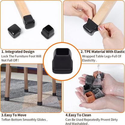Ezprotekt 24 Pcs Chair Leg Sliders for Carpet, Square Black Chair Glides Teflon Furniture Pads, Bar Stool Leg Protectors Caps for Rug - for Dining Table, Couch, Patio Legs (M Fit: 0.75" - 1")