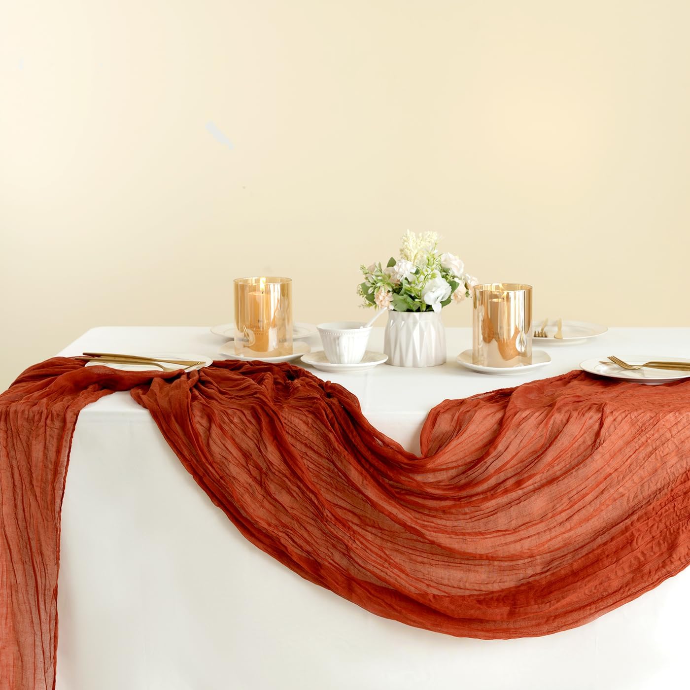Sioloc Terracotta Table Cloth Cheesecloth Table Runner 10ft Rustic for Tea Wedding Party Baby Bridal Centerpiece Fall Decor for Home Halloween Thanksgiving