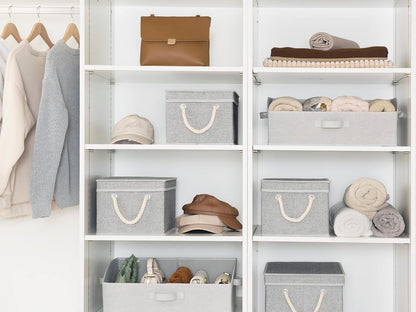 StorageWorks Large Storage Bins with Lids, Decorative Storage Boxes with Lid and Soft Rope Handles, Foldable Storage Baskets for Closet, Shelves, Stackable, Gray, 3-Pack