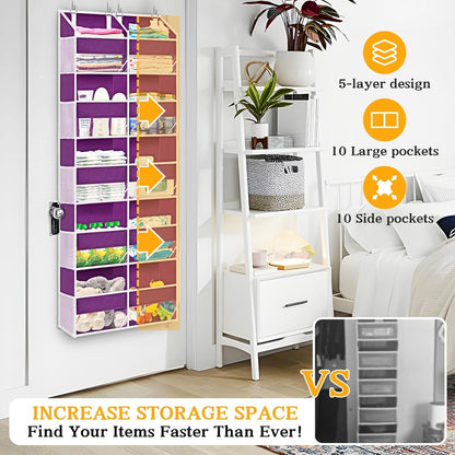 Over The Door Organizer 5 Tiers, Extra Large Behind Door Storage of 10 Compartments, 80 lbs Weight Capacity Hanging Storage Organizer with Clear Window Kids Toys,Shoes,Diapers,Room Storage,Purple