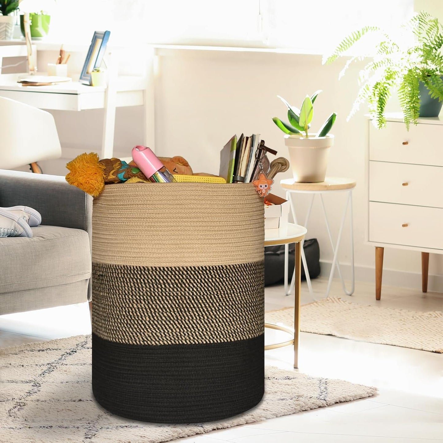 COMSE Extra Large Blanket Basket, Tall Woven Storage Basket, Nursery Hamper, 15.7”x 21.7”, Cotton Rope Laundry Hamper for Toys Clothes Towels, Brown/Black