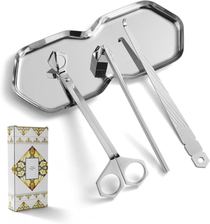 PATOISE 4 in 1 Candle Accessory Set, Wick Trimmer, Candle Snuffer, Wick Scoop, Storage Tray, Perfect for Candle Lovers (Silver)