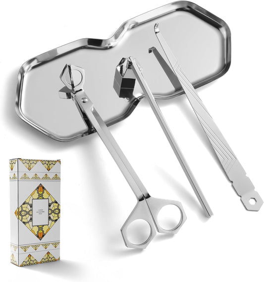 PATOISE 4 in 1 Candle Accessory Set, Wick Trimmer, Candle Snuffer, Wick Scoop, Storage Tray, Perfect for Candle Lovers (Silver)