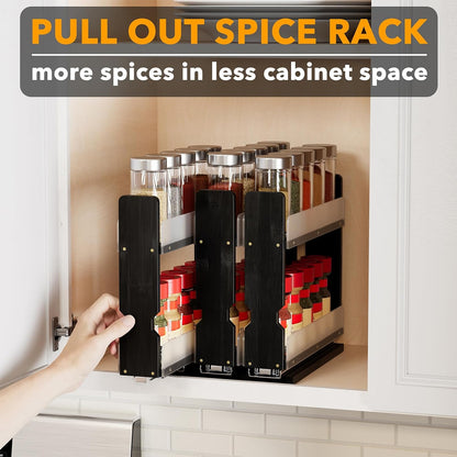 SpaceAid Bamboo Pull Out Spice Rack Organizer for Cabinet, Heavy Duty Slide Out Seasoning Kitchen Pantry Sliding Vertical Organization, 7.6" Wide, 3 Drawers(2" Wide), 2-Tier, Black