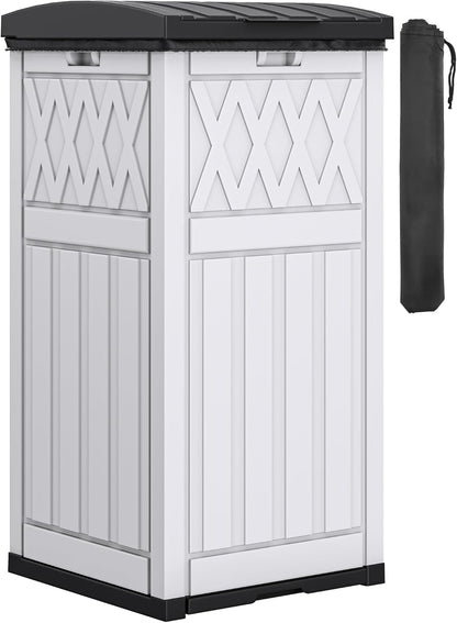 DWVO 36-Gallon Outdoor Trash Can with Fabric Bag, Tiered Lid & Drip Tray, Waterproof Resin Garbage Bin for Patio, Deck, and Backyard, White & Black
