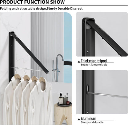 Clothes Drying Rack for Laundry Drying Rack Wall Mounted Clothes Hanger Rack Retractable Laundry Hanger Dryer Rack Space Saving Closet Organizer Aluminium (Black)