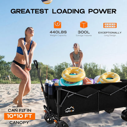 300L Extra Large Collapsible Foldable Wagon, 440lbs Load Capacity 48''L Extended Heavy Duty Folding Beach Wagon with Big All-Terrain Wheels, Utility Garden Cart for Outdoor Activities, Black
