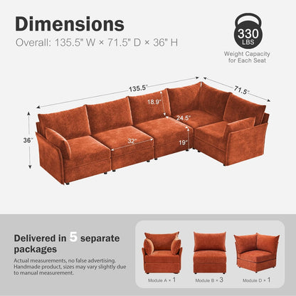 135.5" Oversized Modular Sectional Sofa, L Shaped Convertible Couch with Movable Ottoman, 5 Seat Corner Couches for Living Room Deep Seat Terracotta Orange Chenille