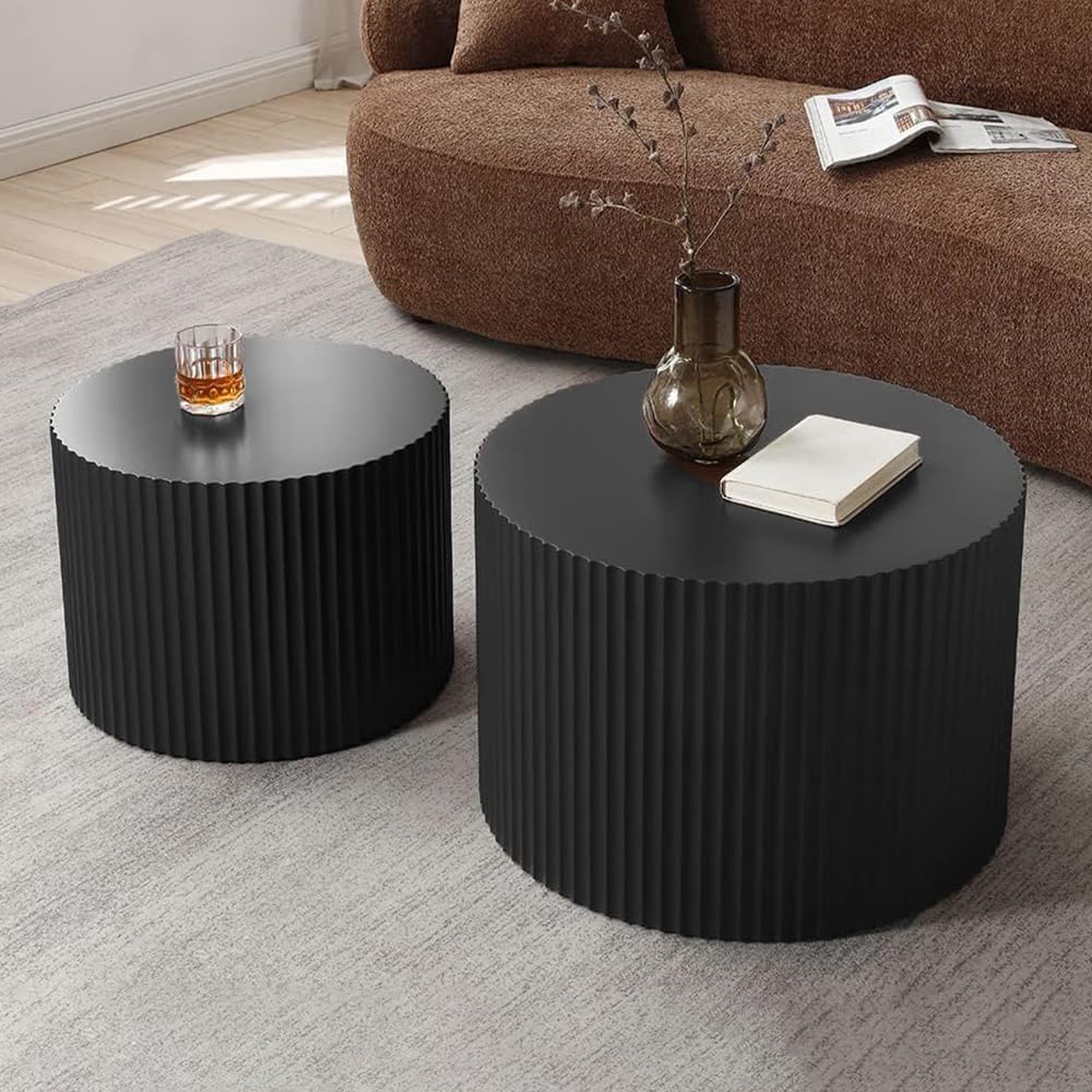 Round Nesting Coffee Table Set of 2 Small Round Coffee Tables for Living Room Modern Fluted Coffee Table Circular End Table Side Table for Small Spaces No Assembly (Black A, 18 in)