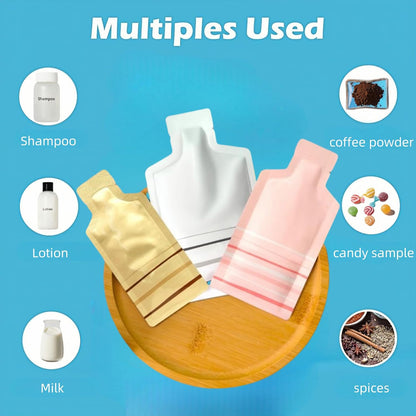 100 Pack 1.97x4.3 inch Heat Seal Sample Mylar Packets for Portable Travel Toiletries Empty Disposable Liquid Shampoo Pouch Single Serving Coffee Powder Condiments Food Storage (Gold)