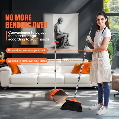 Broom and Dustpan Set, Upgraded Broom with Dustpan Combo Set with 56" Tall Adjustable Handle, Self-Cleaning Teeth, Upright Standing Dust Pan for Heavy Duty Indoor Outdoor Cleaning and Pet Hair