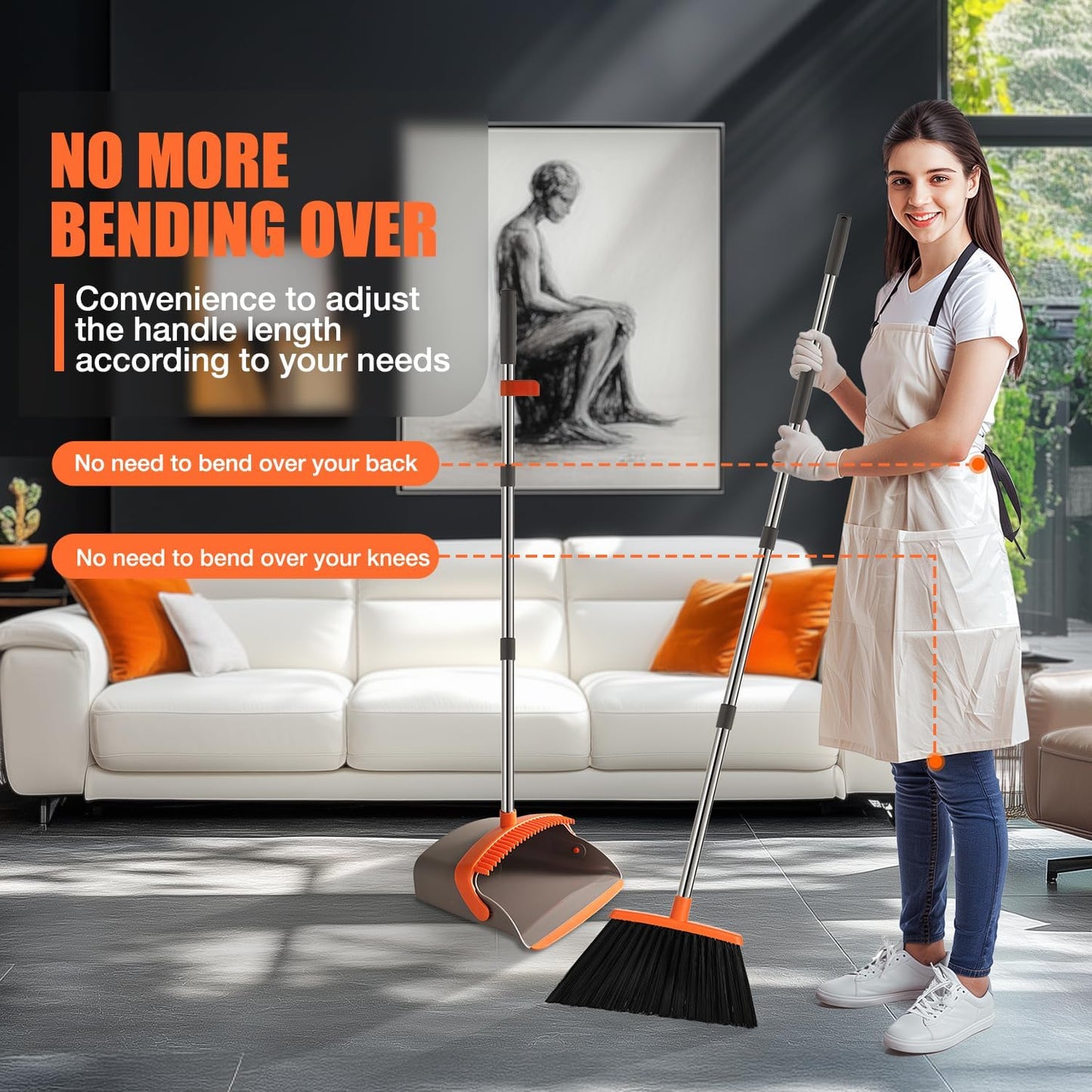 Broom and Dustpan Set, Upgraded Large Broom with Dustpan Combo Set with 56" Tall Adjustable Handle, Self-Cleaning Teeth, Upright Standing Dust Pan for Heavy Duty Indoor Outdoor Cleaning and Pet Hair