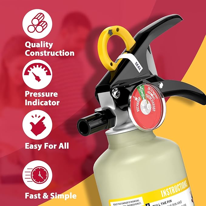 Ougist ABC Dry Powder Fire Extinguisher, 2.5lb – 1-A:10-B：C Rated for Home, Office & Vehicle, Quick Release, Easy-Grip Handle, Ideal for Electrical & Grease Fires, Car Extinguisher, Model FF1KG
