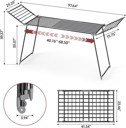 APEXCHASER Clothes Drying Rack Foldable, Large Drying Rack for Clothing Retractable, Winged Laundry Rack Folding Indoor Outdoor, Metal Clothes Airer for Bedding Towel Sweater Heavy Duty, Black