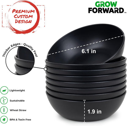 Grow Forward Premium Wheat Straw Bowls - 20oz Microwave Safe Plastic Cereal Bowls Set of 8 for Kitchen, Camping, RV, Dessert, Snack, Soup, Salad, Fruit - Reusable, Unbreakable & BPA Free - Midnight