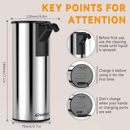 Automatic Soap Dispenser,Stainless Steel Material, Rechargeable Touchless Hand Sanitizer Pump,4 Adjustable Levels Smart Electric Dispenser