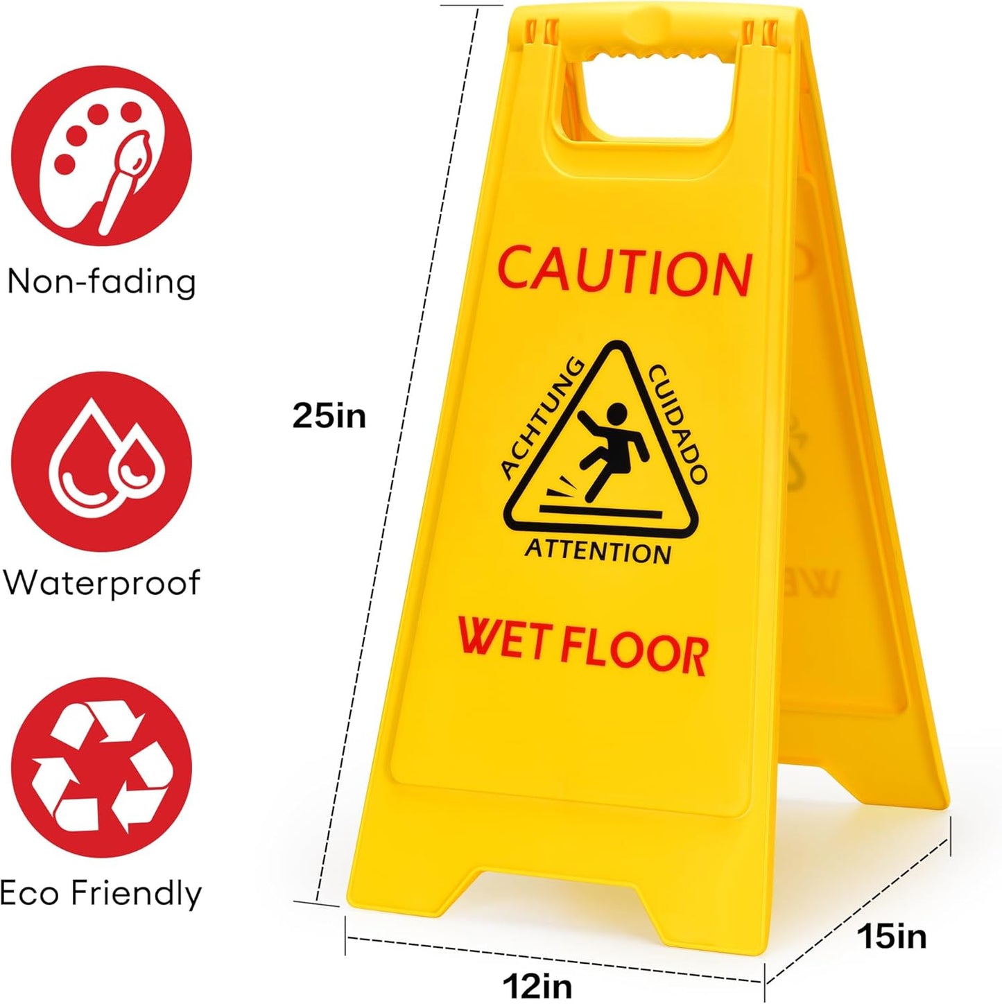 MATTHEW CLEANING 25'' Industrial Wet Floor Sign 12 Pack 2-Sided Safety A-Frame Birght Yellow Multilingual Warning Signs Commercial Caution Wet Fold-out Floor Signs For Indoors and Outdoors