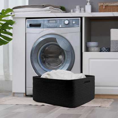 COMFY-HOMI Cotton Rope Woven Basket with Handles for Shelves,Toys,Book, Cloth Storage Baskets for Organizing-17" x 13" x 7.5" Toy Decorative Organizer for Living Room, Bathroom （all black）