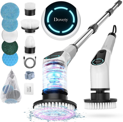 Dovety Electric Spin Scrubber, Cordless Cleaning Brush, Shower Scrubber with 8 Replaceable Brush Head, Power Cleaning Brush with Extension Handle, 2 Adjustable Speed, for Bathtub Grout Tile Floor