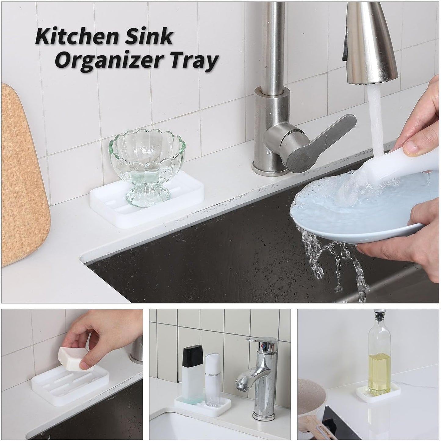 Silicone Kitchen Sink Organizer Tray for Multiple Usage,Easy Clean Sponges Holder for Kitchen Bathroom Counter or Sink,Dish Soap Dispenser,Scrubber,Bottle,Cup White 4.9”x 3.2”