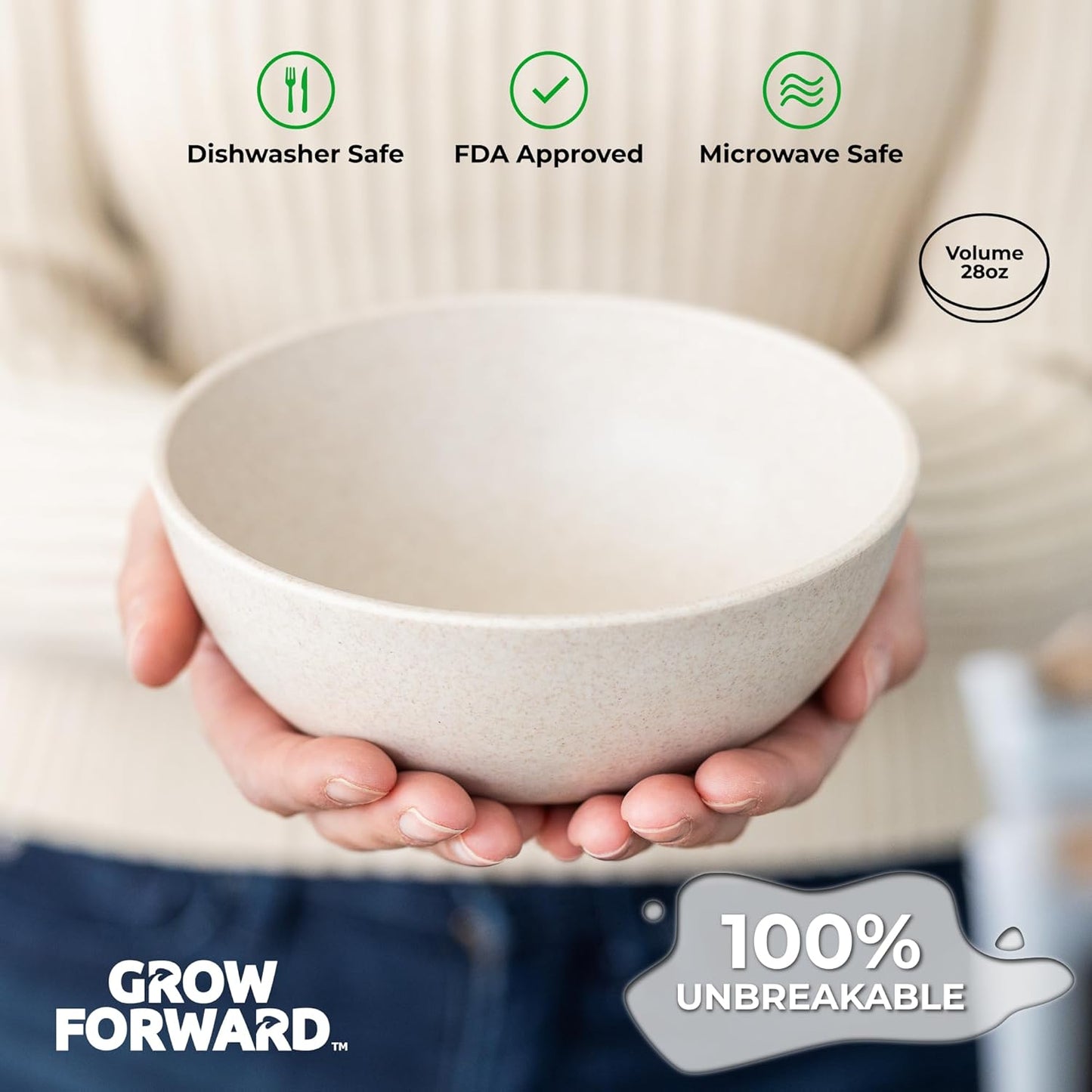 Grow Forward Premium Wheat Straw Bowls - 27oz Microwave Safe Plastic Cereal Bowls Set of 8 for Kitchen, Camping, RV, Dessert, Snack, Soup, Salad, Fruit - Reusable, Unbreakable & BPA Free - Moonlight