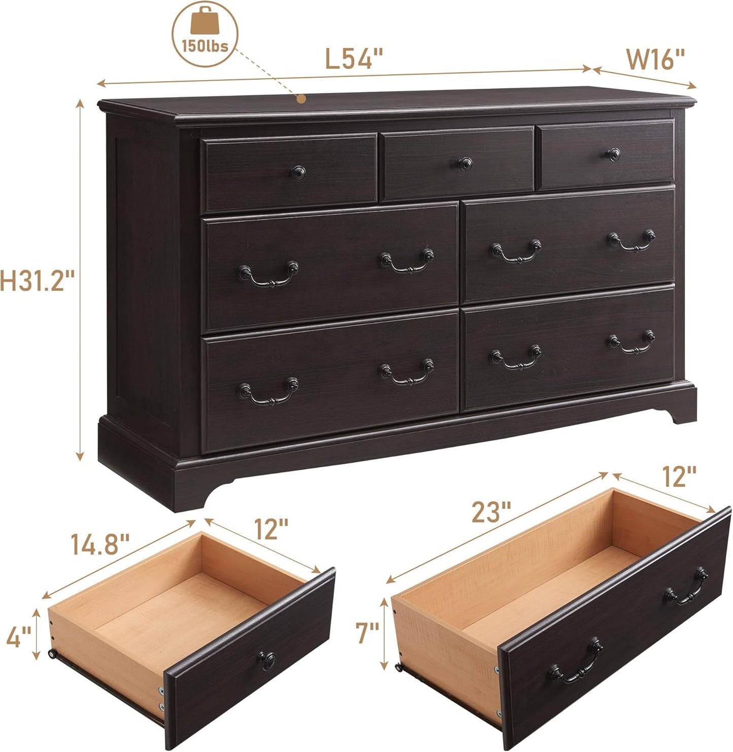 T4TREAM 7 Drawers Dresser Chests for Bedroom, Wood Vintage Chests of Drawers, Rustic Dressers Chset Organizer for Bedroom, Living Room, Hallway, Espresso