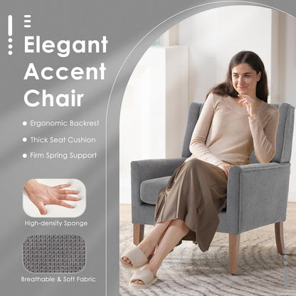 COLAMY Modern Wingback Living Room Chair Set of 2, Upholstered Fabric Accent Armchair, Single Sofa Chair with Lounge Seat and Wood Legs for Bedroom/Office/Reading Spaces, Gery