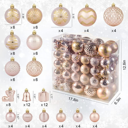 Rose Gold Christmas Ball Ornaments - 116Pc Shatterproof Hanging Decoration Set with Gift Box, Assorted Baubles for Xmas Tree/Home/Wedding/Party/Holiday