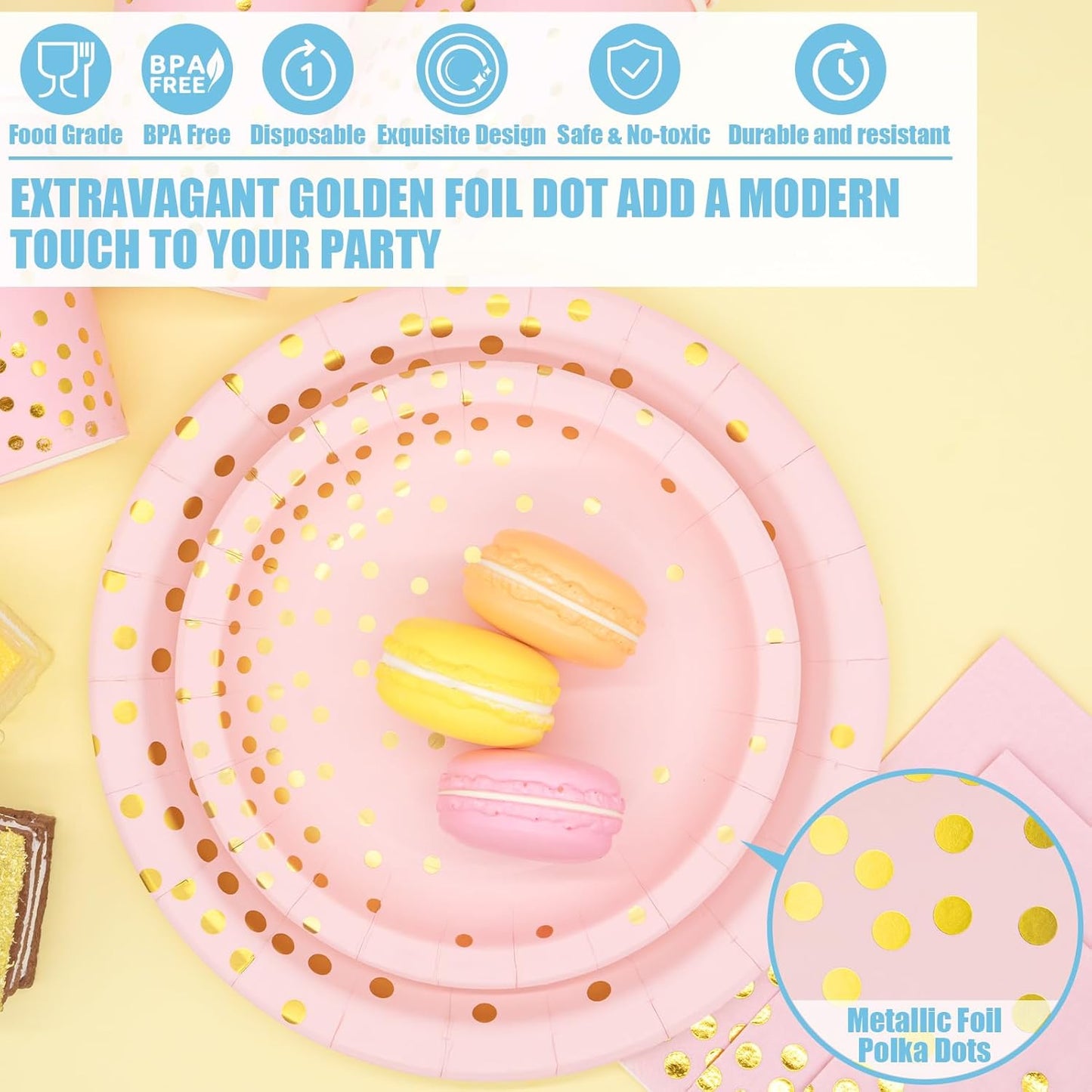 Tiblue Pink & Gold Party Supplies 350 PCS Disposable Dinnerware Set, Pink Paper Plates Napkins Cups, Gold Plastic Forks Knives Spoon for Graduation Birthday Baby Shower Wedding Bachelorette Engagement