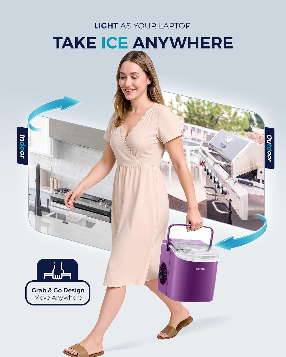 EUHOMY Countertop Ice Maker Machine with Handle, 26lbs Per Day, 9 Ice Cubes Ready in 6 Mins, Auto-Cleaning Portable Ice Maker with Basket and Scoop, for Home/Kitchen/Camping/RV (Purple)