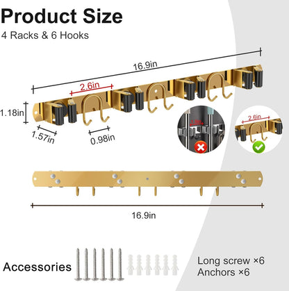Mop Broom Holder Wall Mount, 2 Packs Gold Stainless Steel Tool Storage Organizer for Kitchen Garden Garage Laundry Room Bathroom and RV with 4 Slots 6 Hooks