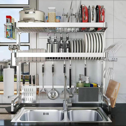 Over The Sink Dish Drainer Drying Rack, Full Stainless Steel 3-Tier Adjustable Length Over Sink Dish Drying Rack, Large Capacity Dish Rack Over Sink for Kitchen Counter, Pots & Pans Rack