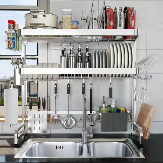 Over The Sink Dish Drainer Drying Rack, Full Stainless Steel 3-Tier Adjustable Length Over Sink Dish Drying Rack, Large Capacity Dish Rack Over Sink for Kitchen Counter, Pots & Pans Rack