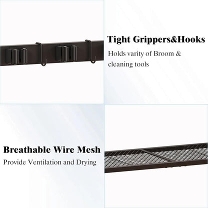 Heavy Duty Metal Cleaning Cart with Wheels,Broom Holder with Cleaning Supplies Organizer,Broom Storage Cart with Mop Hanger Gripper Rack Hooks for Home, Commercial (Rustic Brown, 37.6" L)