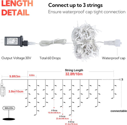 Hopolon 33FT 360L LED Icicle String Lights - Outdoor, Waterproof, 8 Modes, With 60 Drops - Curtain Lights for Indoor/Outdoor Decorations (Red)